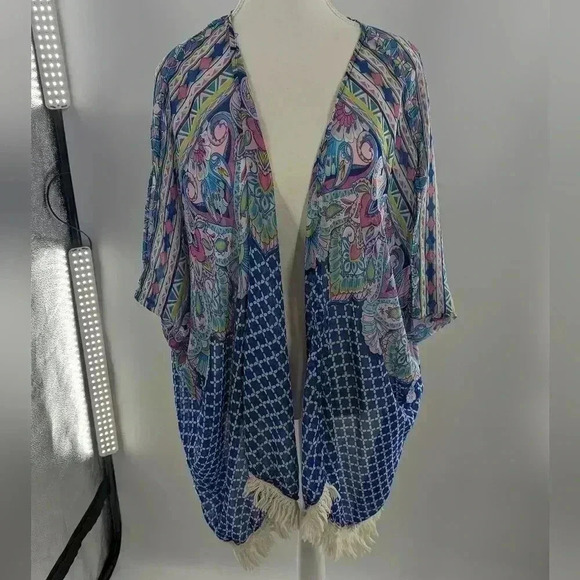 Candy Rose Pink And Blue Open Front Paisley Top Size M/L Tangled Tie Hem - Picture 2 of 9